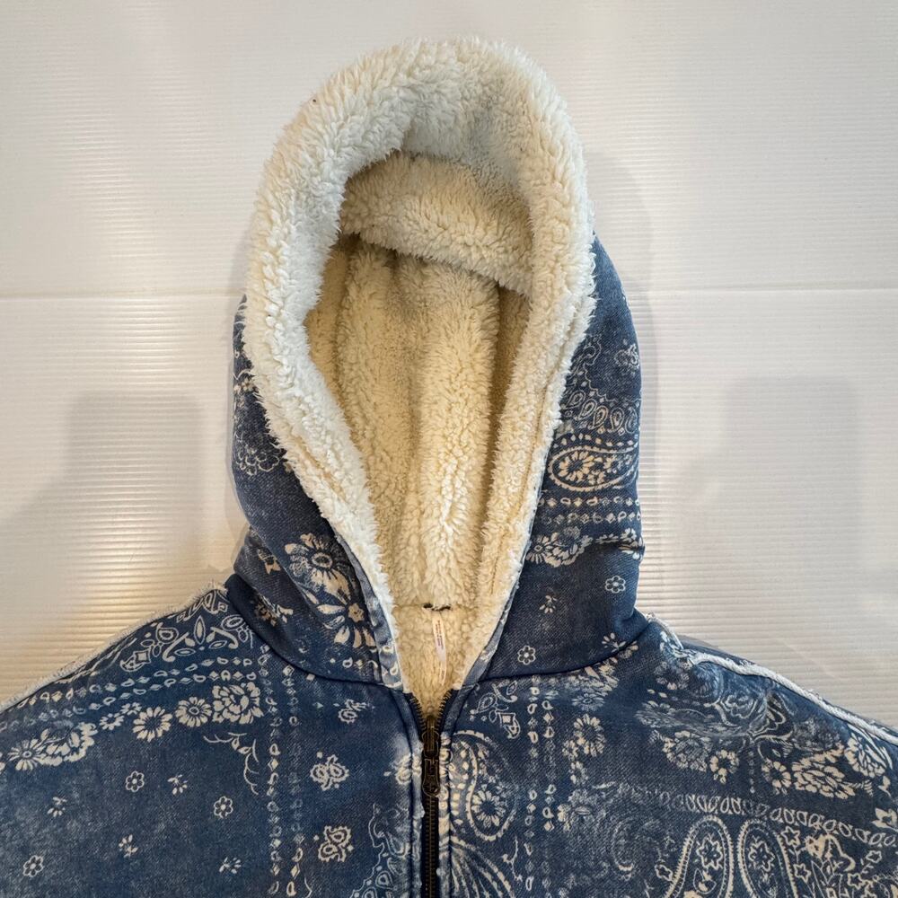 Free People Billie Jacket XS Blue Paisley Sherpa Lined Zip Hoodie Crop Oversized - Picture 7 of 16